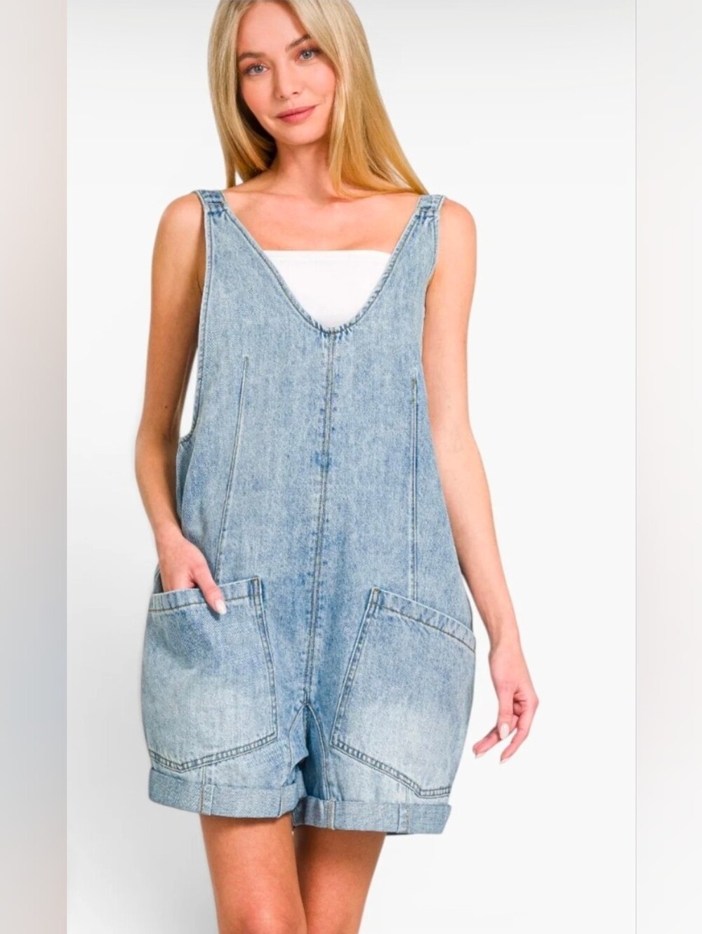 Zenana Light Wash Denim Romper - Picture 2 of 9